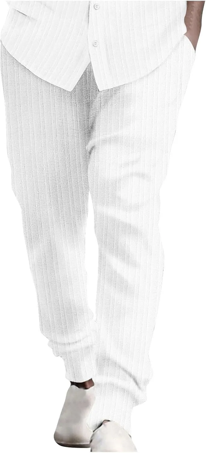 Dademeo Stripe Cotton Linen Pants for Men Comfy Breathable Casual Elastic Waist Straight Leg Pocket Business Pencil Trousers
