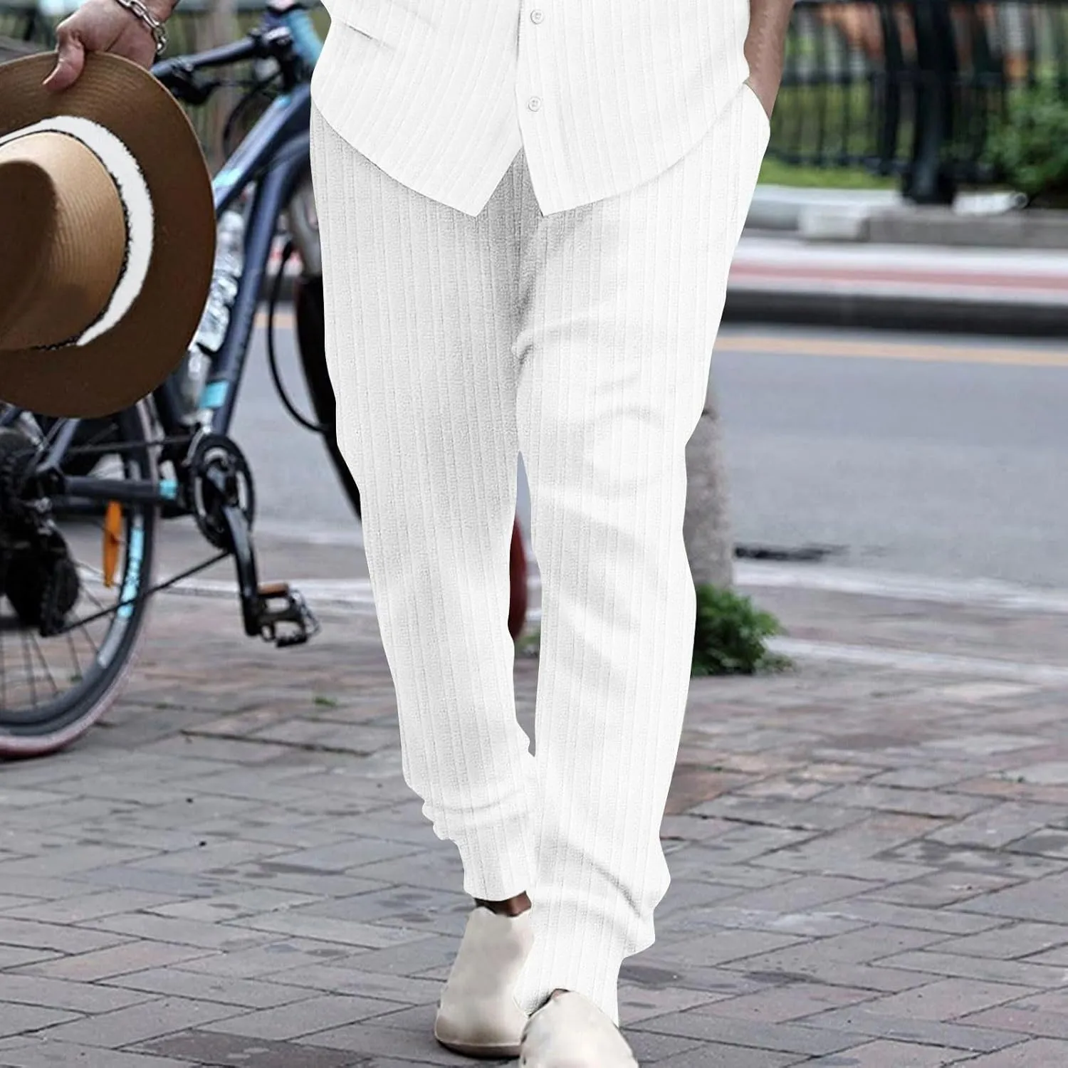 Dademeo Stripe Cotton Linen Pants for Men Comfy Breathable Casual Elastic Waist Straight Leg Pocket Business Pencil Trousers