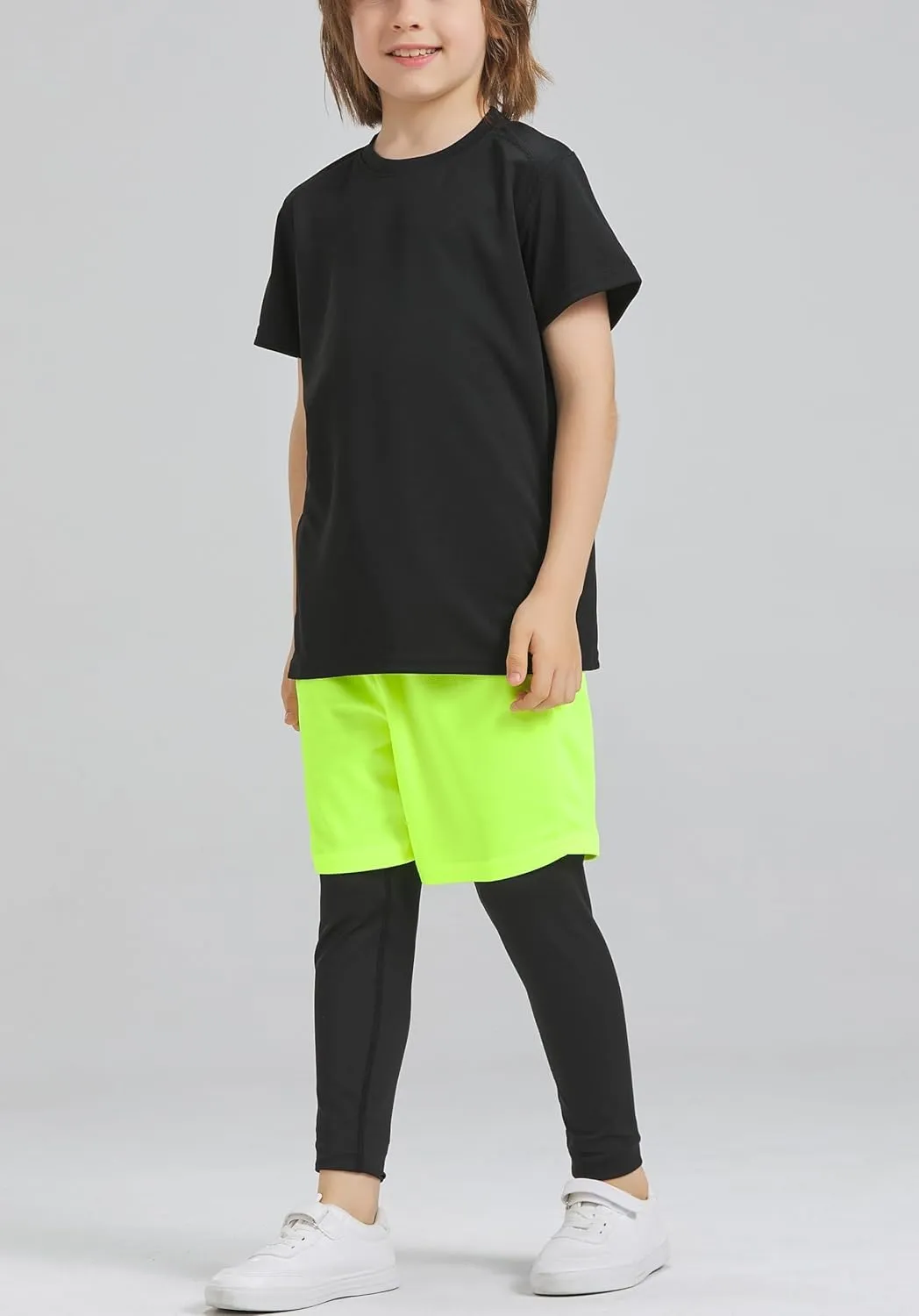 DaniChins Boys 2 in 1 Athletic Active Leggings Sports Running Quick Dry Breathable Compression Pants