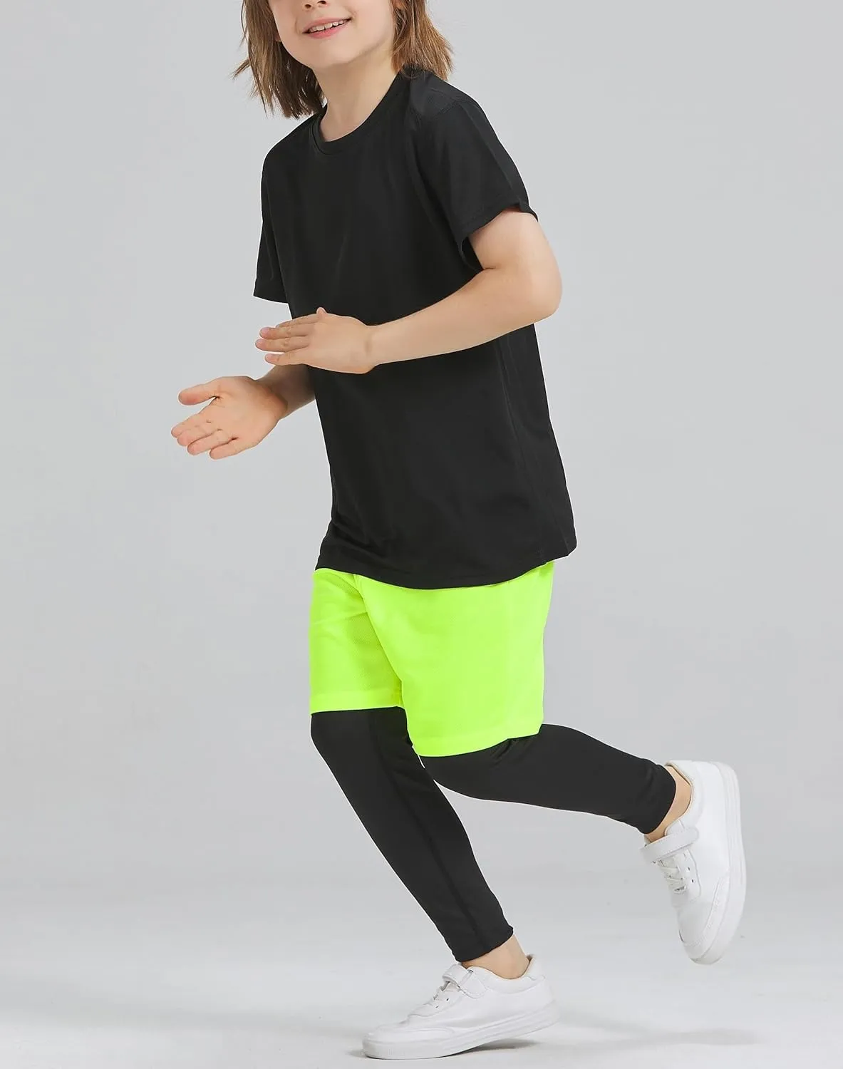 DaniChins Boys 2 in 1 Athletic Active Leggings Sports Running Quick Dry Breathable Compression Pants