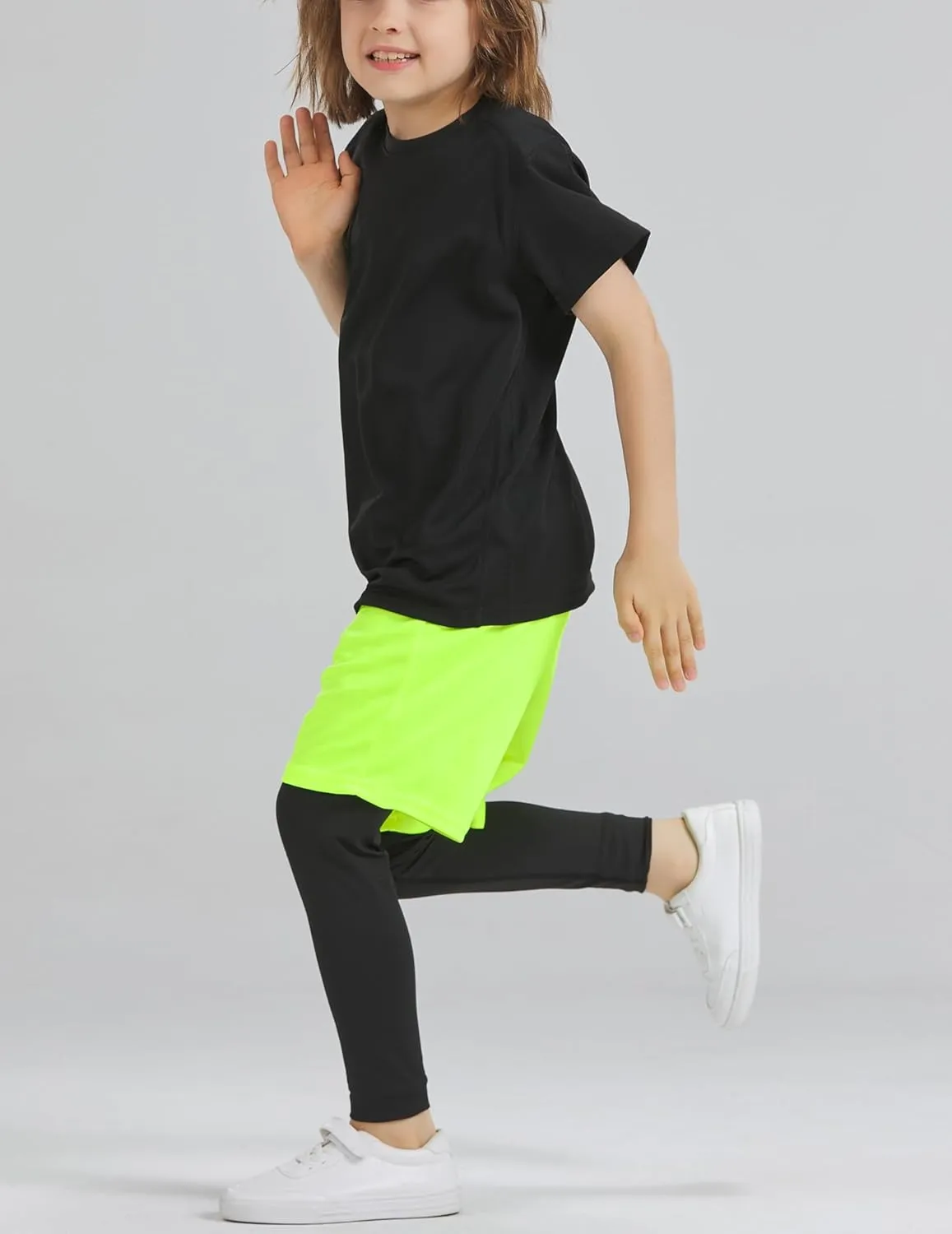 DaniChins Boys 2 in 1 Athletic Active Leggings Sports Running Quick Dry Breathable Compression Pants