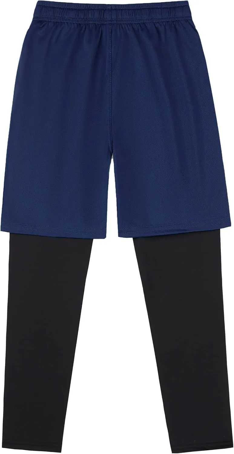 DaniChins Boys 2 in 1 Athletic Active Leggings Sports Running Quick Dry Breathable Compression Pants