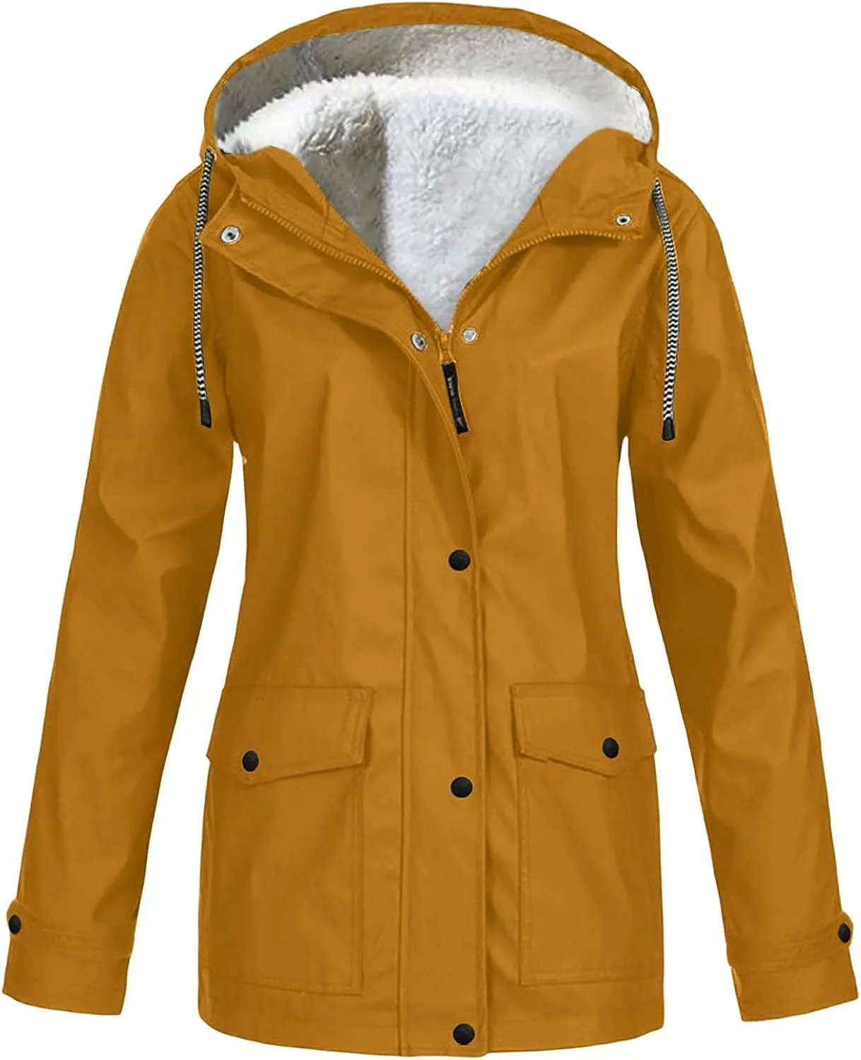 Fleece Lined Raincoat for Women Waterproof Lightweight Zip Up Hooded Jacket Winter Rain Jackets Outdoor Windbreaker