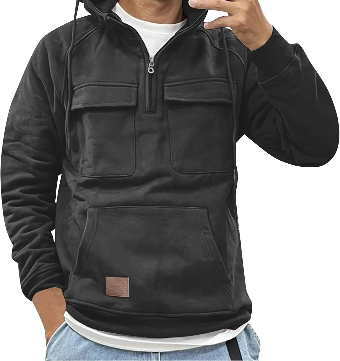 Men Tactical Sweatshirt Quarter Zip Cargo Pullover Hoodies Workout Gym Sports Running Outdoor Winter Jackets