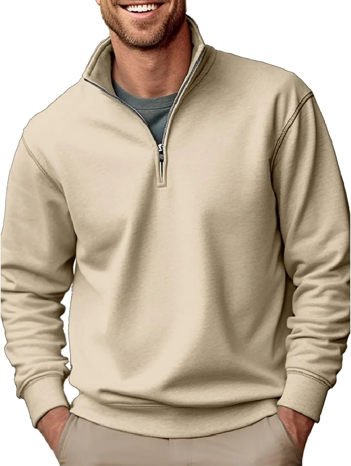 Mens Quarter Zip Up Pullover Solid Color Thermal Sweater Stand Collar Sweatshirts Premium Fleece Lined Long Sleeve