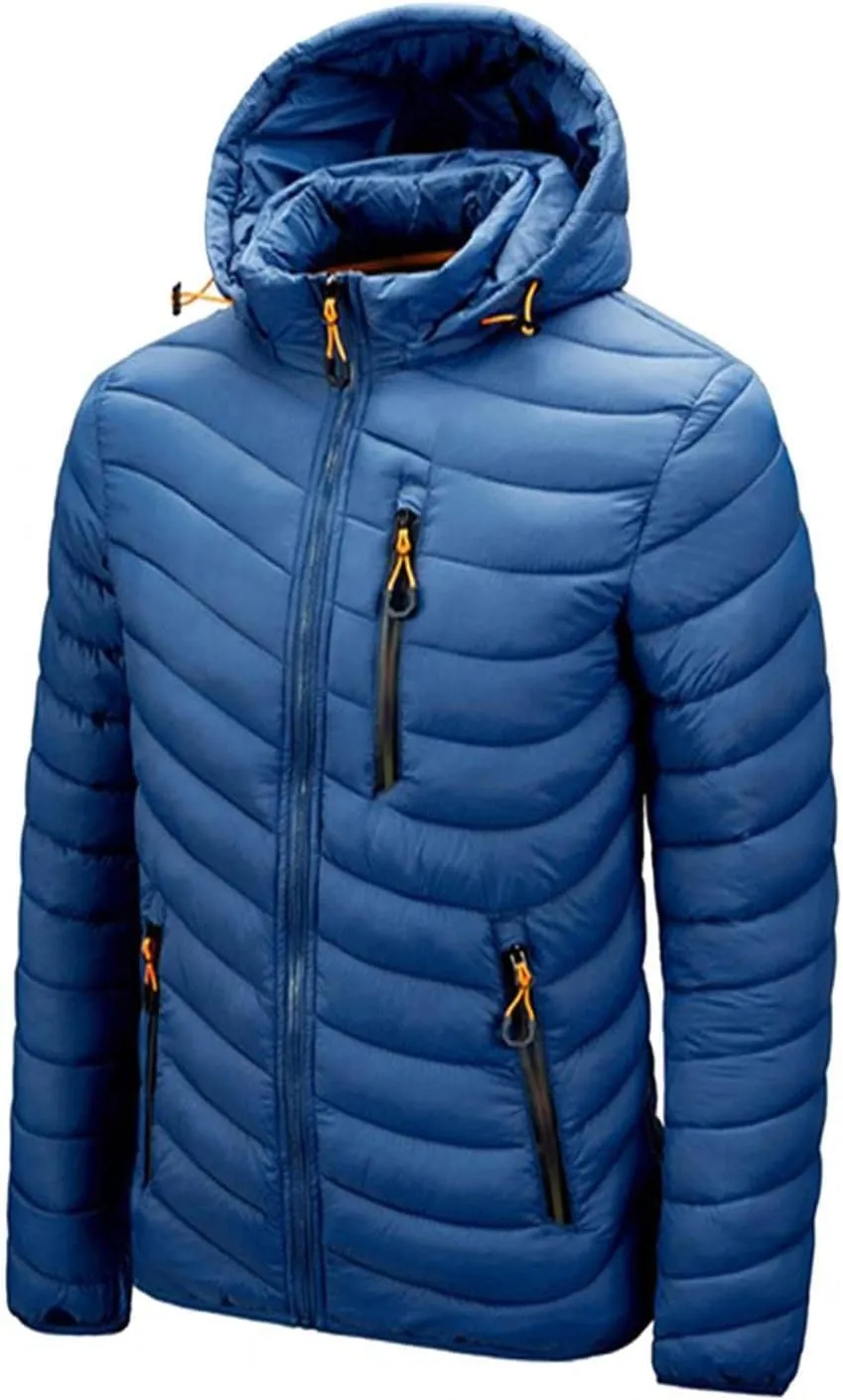 Mens Winter Coats Lightweight Puffer Jacket Hooded Quilted Puffer Coat Full Zip Up Padded Outwear with Removable Hood