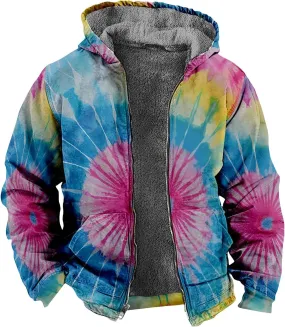 Men'S Winter Coats Tie-Dye Print Zipper Hooded Warm Windbreaker Jackets Oversized Heavy Hoodie
