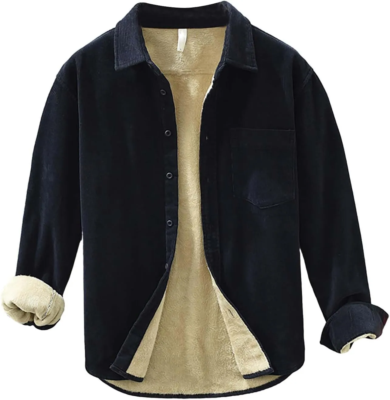 Sherpa Lined Shirt Men Plus Size Long Sleeve Cotton Snap Button Shirts Thermal Winter Casual Jacket with Chest Pocket