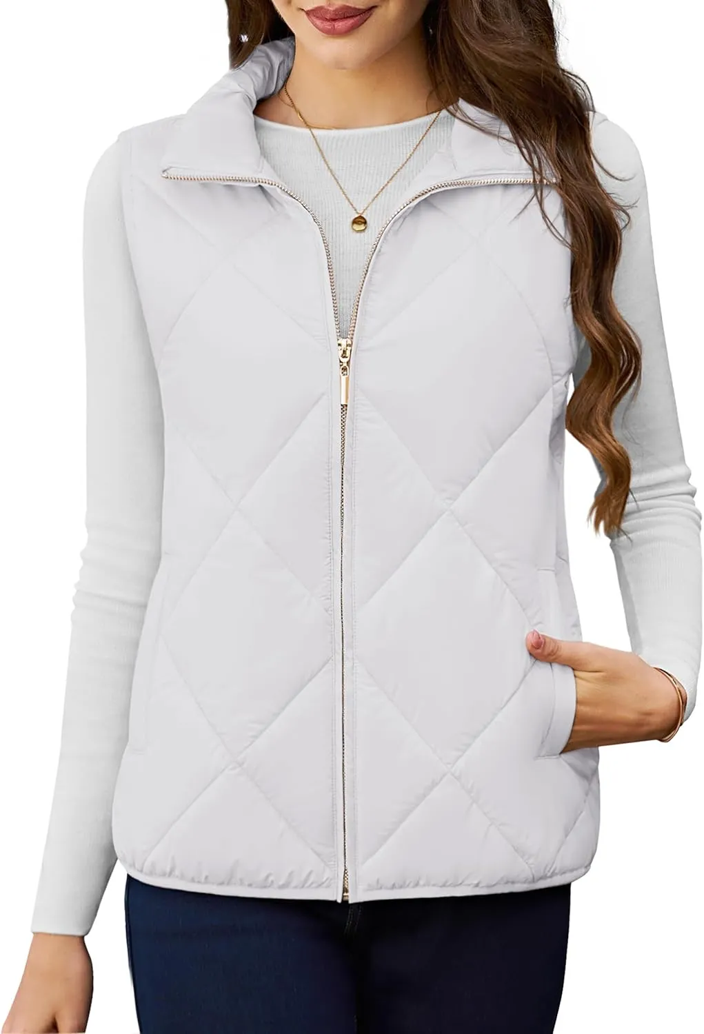 YUCOLEN Women's Quilted Vest 4 Pockets Stand Collar Lightweight Zip Padded Gilet Sleeveless Jackets Coats Outwear
