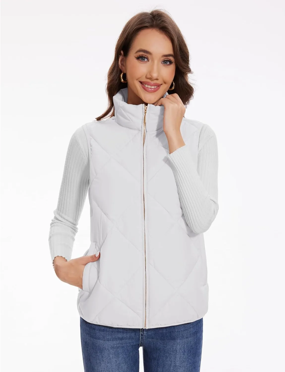 YUCOLEN Women's Quilted Vest 4 Pockets Stand Collar Lightweight Zip Padded Gilet Sleeveless Jackets Coats Outwear