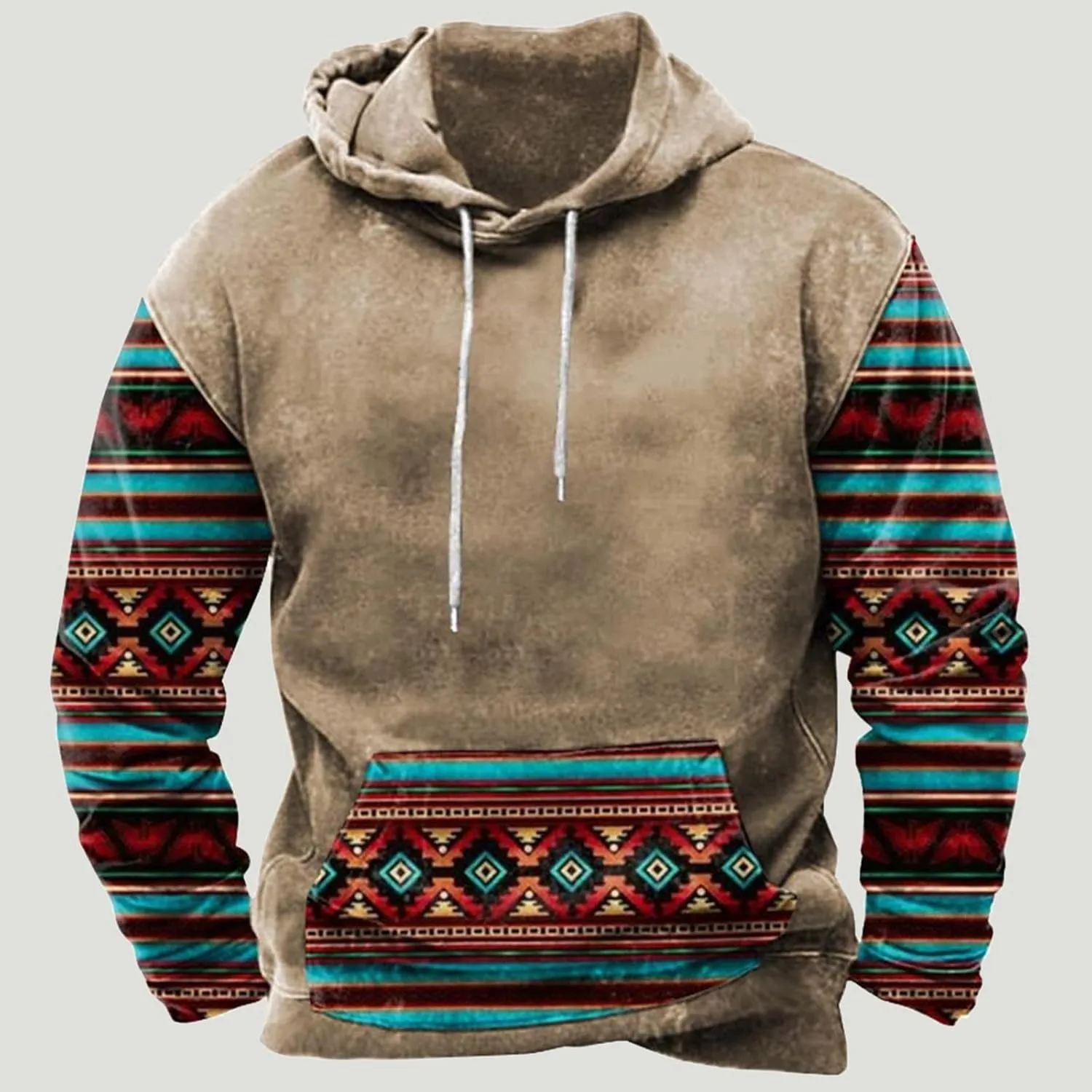 Zeiyignr Men's Western Aztec Sweatshirts, Ethnic Print Graphic Patchwork Hoodies Slim Casual Pullover Tops with Drawstring