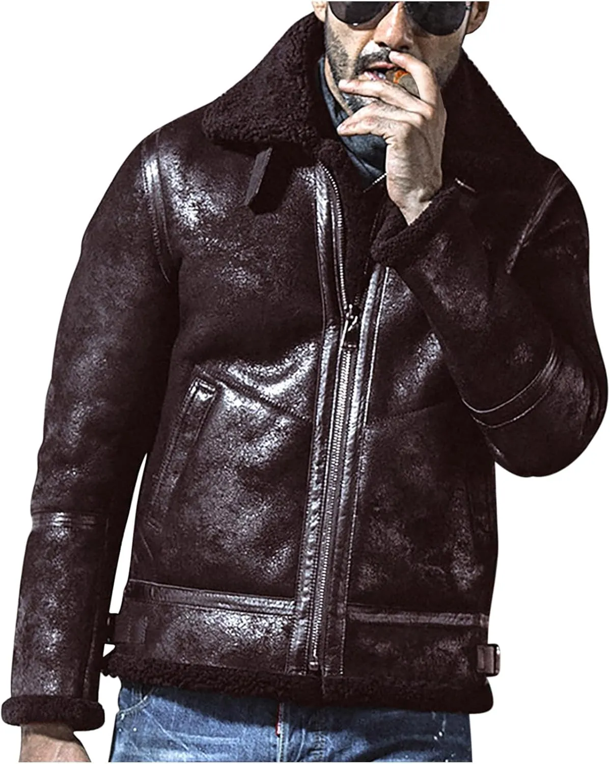 Zeiyignr Men's Winter Jacket Thick Thermal Full Zip Warm Sherpa Fleece Lined Coat Lapel Trucker Coats Vintage Bomber Jackets