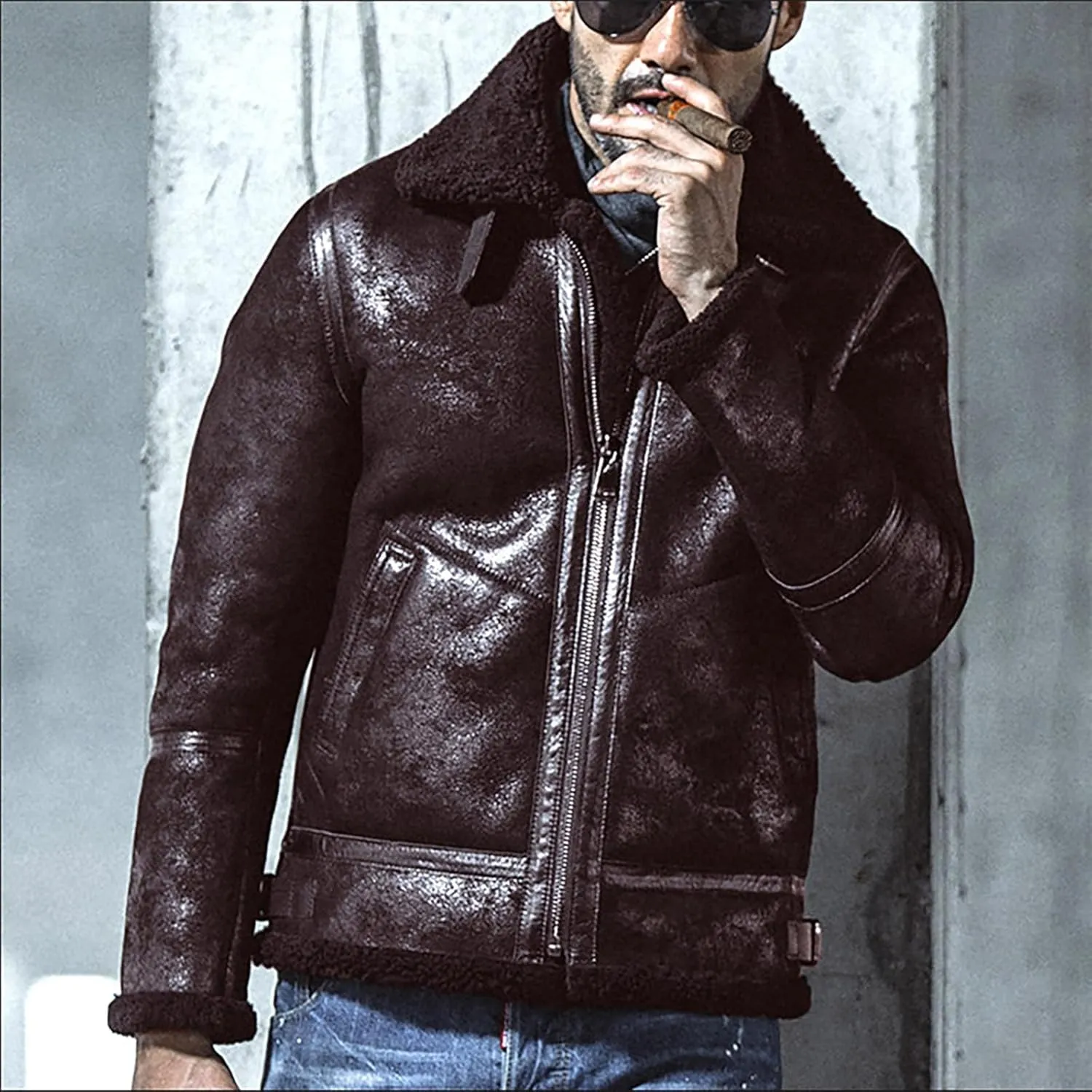 Zeiyignr Men's Winter Jacket Thick Thermal Full Zip Warm Sherpa Fleece Lined Coat Lapel Trucker Coats Vintage Bomber Jackets